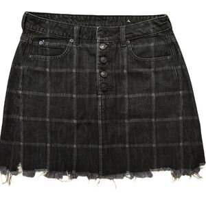 American Eagle Black Plaid Denim Fringe Super High Rise Festival Mini Skirt 8